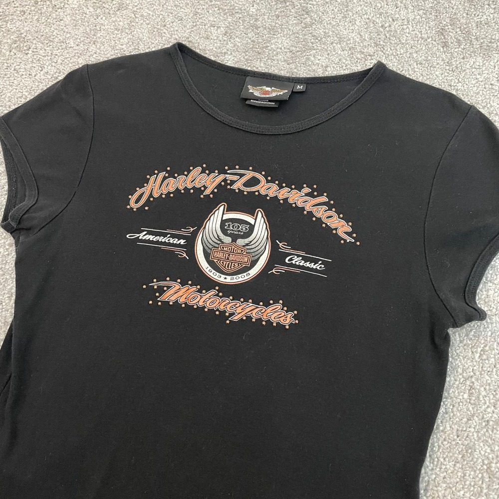 Harley Davidson T Shirt Womens Medium Studded Biker Graphic 105th Anniversary